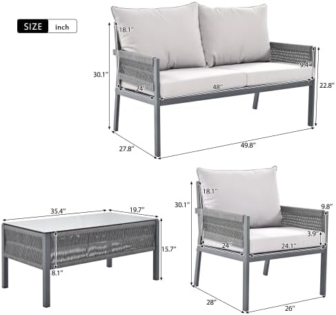 Furniture, Outdoor Chairs with Tempered Glass Table, Patio Conversation Set Deep Seating with Thick Cushion for Backyard Porch Balcony, OneSize, Beige&Mustard Yellow