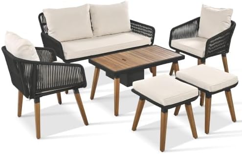 Outdoor Furniture Set of 6,Wicker Chairs, Rattan Patio Conversation Cool Bar Table and Ice Bucket for Backyard Porch Balcony, sectional Set, Beige+Black