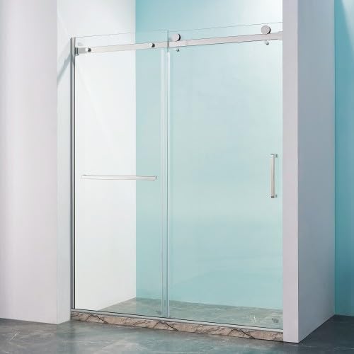 56-60"W x 75"H Semi-Frameless Single Sliding Shower Door, 304 Stainless Steel, Matte Black Finish, 5/16"SGCC Tempered Clear Glass, Adjustable Width, Explosion-Proof, Smooth Glide, Easy Install