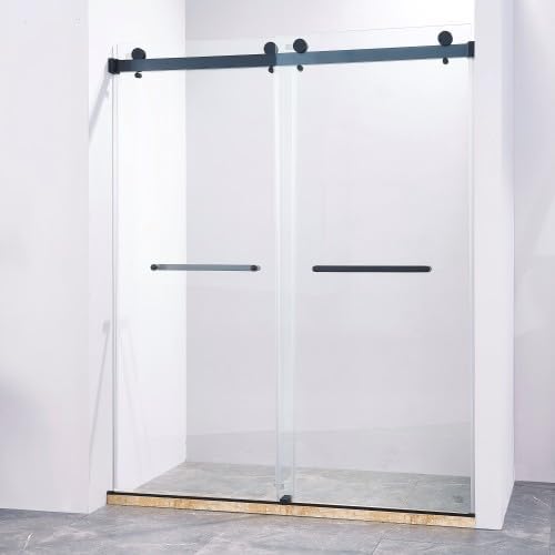 56-60" W x 75" H Frameless Double Sliding Shower Door, Matte Black 304 Stainless Steel, 5/16" SGCC Tempered Clear Glass, Adjustable Width, Explosion-Proof, Smooth Glide, Easy Installation