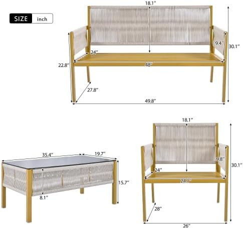 Furniture, Outdoor Chairs with Tempered Glass Table, Patio Conversation Set Deep Seating with Thick Cushion for Backyard Porch Balcony, OneSize, Beige&Mustard Yellow