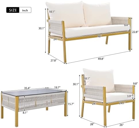 Furniture, Outdoor Chairs with Tempered Glass Table, Patio Conversation Set Deep Seating with Thick Cushion for Backyard Porch Balcony, OneSize, Beige&Mustard Yellow