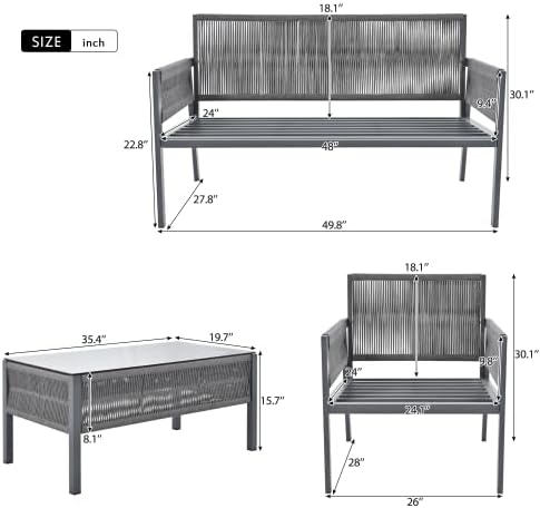 Furniture, Outdoor Chairs with Tempered Glass Table, Patio Conversation Set Deep Seating with Thick Cushion for Backyard Porch Balcony, OneSize, Beige&Mustard Yellow