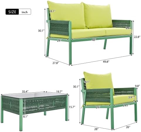 Furniture, Outdoor Chairs with Tempered Glass Table, Patio Conversation Set Deep Seating with Thick Cushion for Backyard Porch Balcony, OneSize, Beige&Mustard Yellow