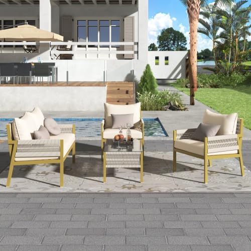 Furniture, Outdoor Chairs with Tempered Glass Table, Patio Conversation Set Deep Seating with Thick Cushion for Backyard Porch Balcony, OneSize, Beige&Mustard Yellow