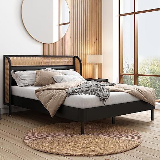 Modern Cannage Rattan Wood Queen Bed Frame - Elegant Black Platform Bed, Stylish and Durable Design for Contemporary Bedrooms