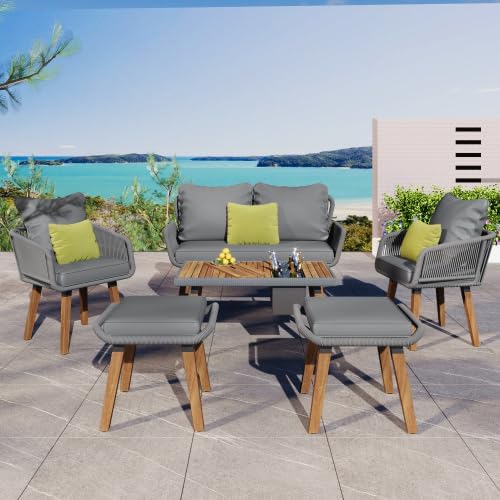 Outdoor Furniture Set of 6,Wicker Chairs, Rattan Patio Conversation Cool Bar Table and Ice Bucket for Backyard Porch Balcony, sectional Set, Beige+Black