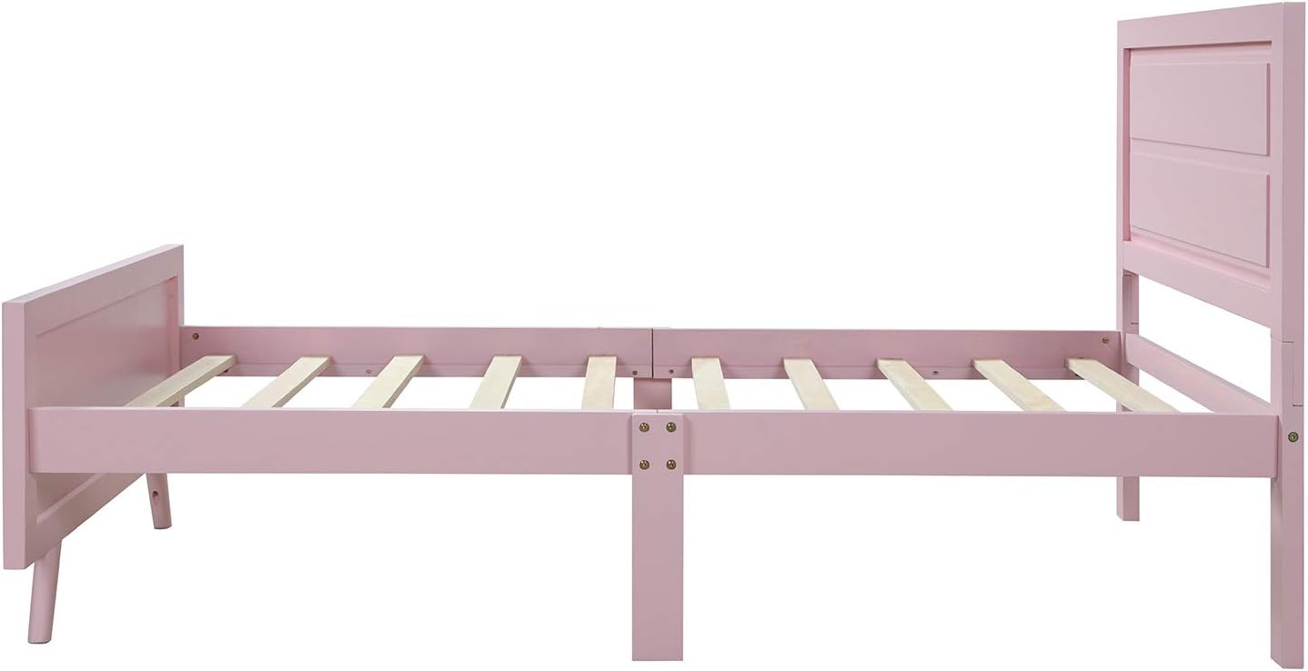 Classic Twin Size Wood Platform Bed with Headboard, Footboard, and Strong Wood Slat Support - Elegant Pink Design, 80”L X 42”W X 43”H