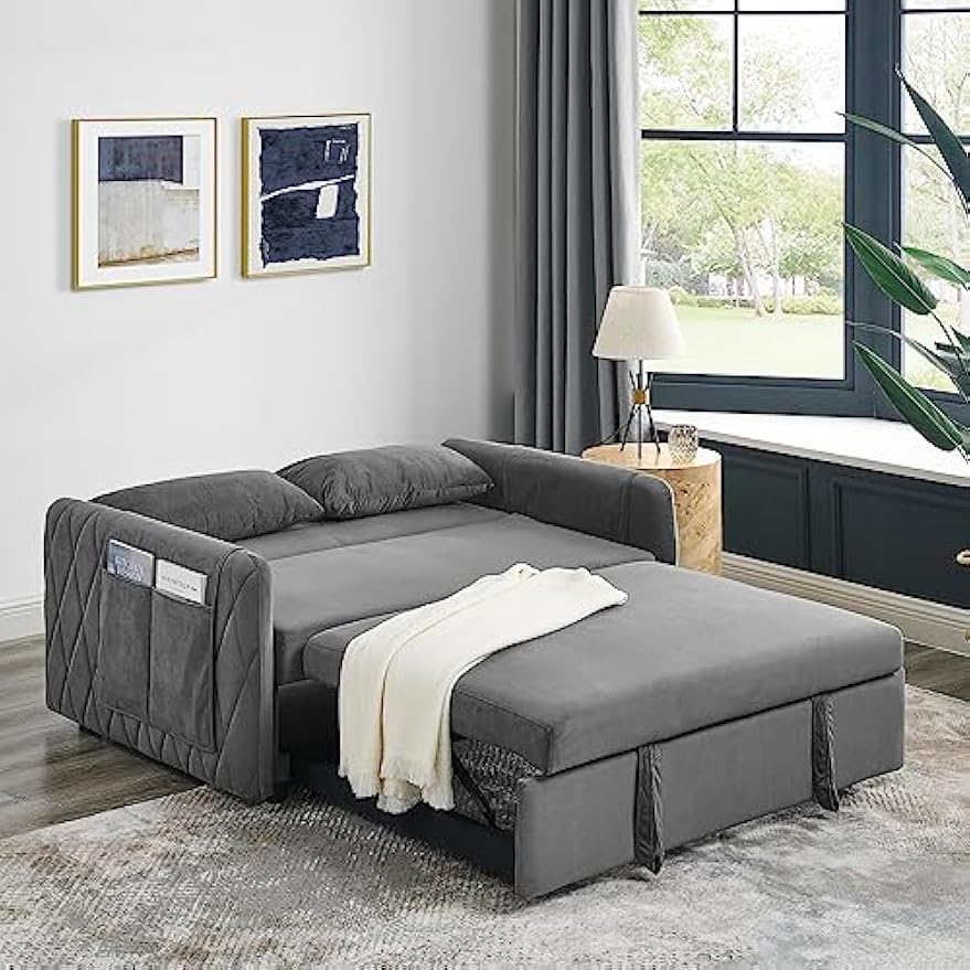 55" Velvet Convertible Loveseat Sofa Bed-Modern Pull-Out Sleeper with Adjustable Backrest, Detachable Arm Storage Pockets, Grid Design Armrests, and 2 Pillows-Ideal for Living Room, Grey