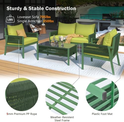 Furniture, Outdoor Chairs with Tempered Glass Table, Patio Conversation Set Deep Seating with Thick Cushion for Backyard Porch Balcony, OneSize, Beige&Mustard Yellow