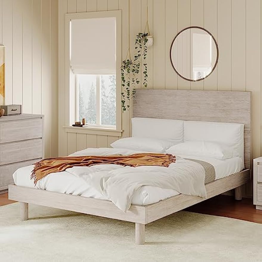 Modern Concise Style Full Bed Frame - Stone Gray Solid Wood Grain Platform Bed, Elegant and Durable Design for Contemporary Bedroom