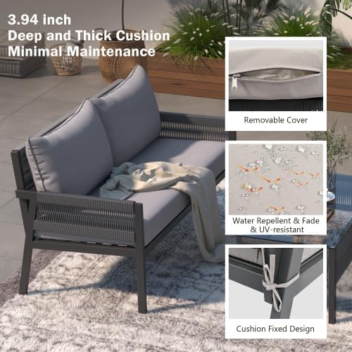 Furniture, Outdoor Chairs with Tempered Glass Table, Patio Conversation Set Deep Seating with Thick Cushion for Backyard Porch Balcony, OneSize, Beige&Mustard Yellow