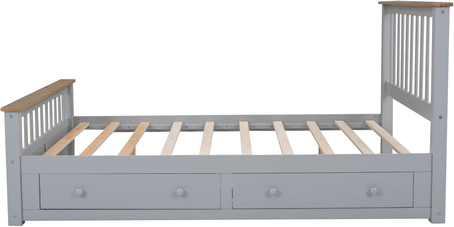 Full Size Wood Platform Bed with Two Drawers and Wooden Slat Support, White+Walnut