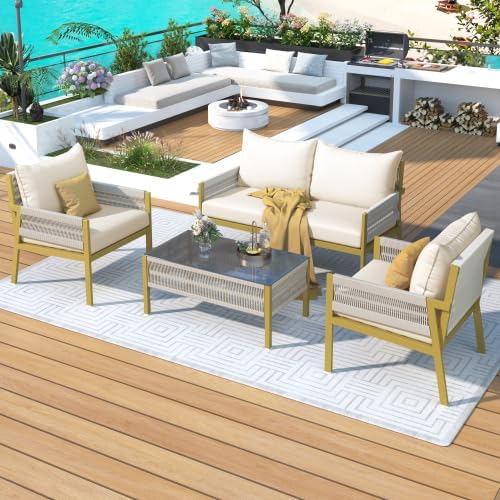 Furniture, Outdoor Chairs with Tempered Glass Table, Patio Conversation Set Deep Seating with Thick Cushion for Backyard Porch Balcony, OneSize, Beige&Mustard Yellow