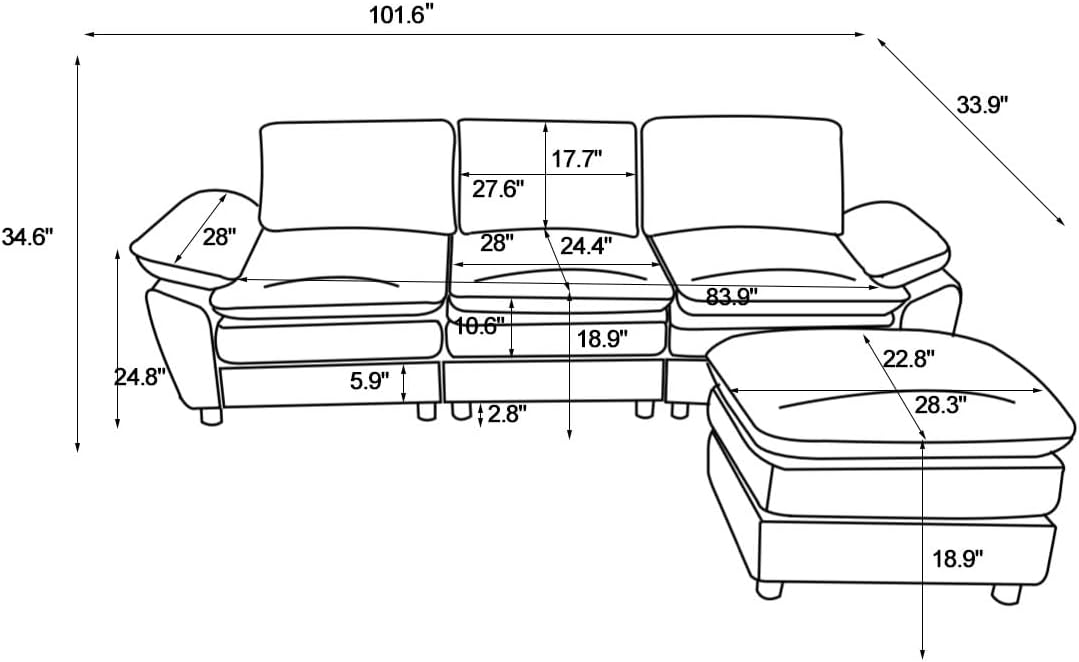 White Modern Deep 3-Seat Couch with Ottoman, Polyester Sofa Sleeper Comfy Upholstered Furniture for Living Room, Apartment, Studio, Office