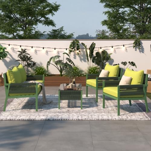 Furniture, Outdoor Chairs with Tempered Glass Table, Patio Conversation Set Deep Seating with Thick Cushion for Backyard Porch Balcony, OneSize, Beige&Mustard Yellow