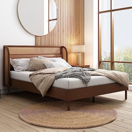 Modern Cannage Rattan Wood Queen Bed Frame - Elegant Walnut Platform Bed, Stylish and Durable Design for Contemporary Bedrooms