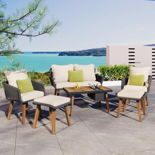 Outdoor Furniture Set of 6,Wicker Chairs, Rattan Patio Conversation Cool Bar Table and Ice Bucket for Backyard Porch Balcony, sectional Set, Beige+Black