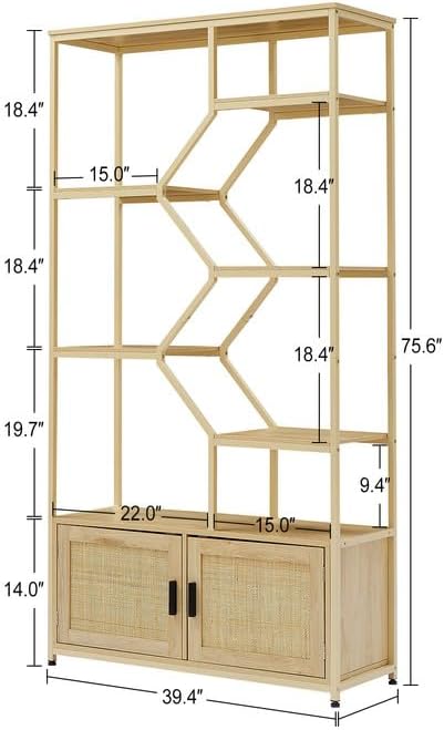 Natural Rattan 7-Tier Bookshelf with Cabinet - 39.4'' W x 13.8'' D x 75.6'' H - Versatile Storage Rack for Living Room, Home Office - Elegant, Space-Saving Bookcase for Organization & Display