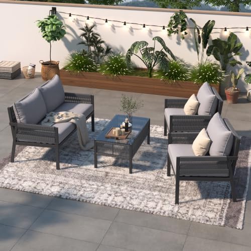 Furniture, Outdoor Chairs with Tempered Glass Table, Patio Conversation Set Deep Seating with Thick Cushion for Backyard Porch Balcony, OneSize, Beige&Mustard Yellow