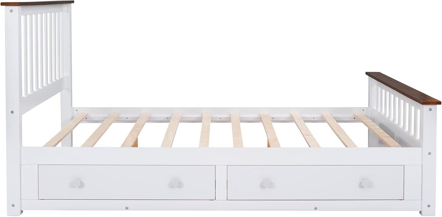 Full Size Wood Platform Bed with Two Drawers and Wooden Slat Support, White+Walnut