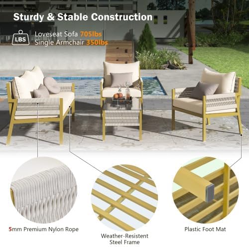 Furniture, Outdoor Chairs with Tempered Glass Table, Patio Conversation Set Deep Seating with Thick Cushion for Backyard Porch Balcony, OneSize, Beige&Mustard Yellow