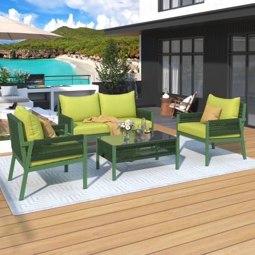 Furniture, Outdoor Chairs with Tempered Glass Table, Patio Conversation Set Deep Seating with Thick Cushion for Backyard Porch Balcony, OneSize, Beige&Mustard Yellow