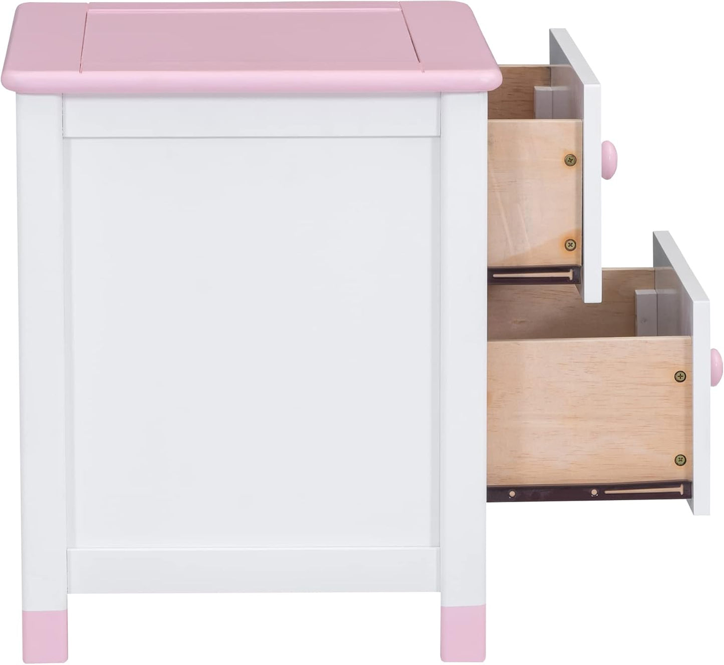 Kids Wooden Nightstand in Cream+Pink-2 Drawers End Table for Bedroom, Durable & Stylish Bedside Furniture