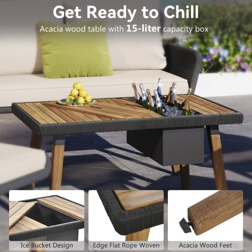 Outdoor Furniture Set of 6,Wicker Chairs, Rattan Patio Conversation Cool Bar Table and Ice Bucket for Backyard Porch Balcony, sectional Set, Beige+Black