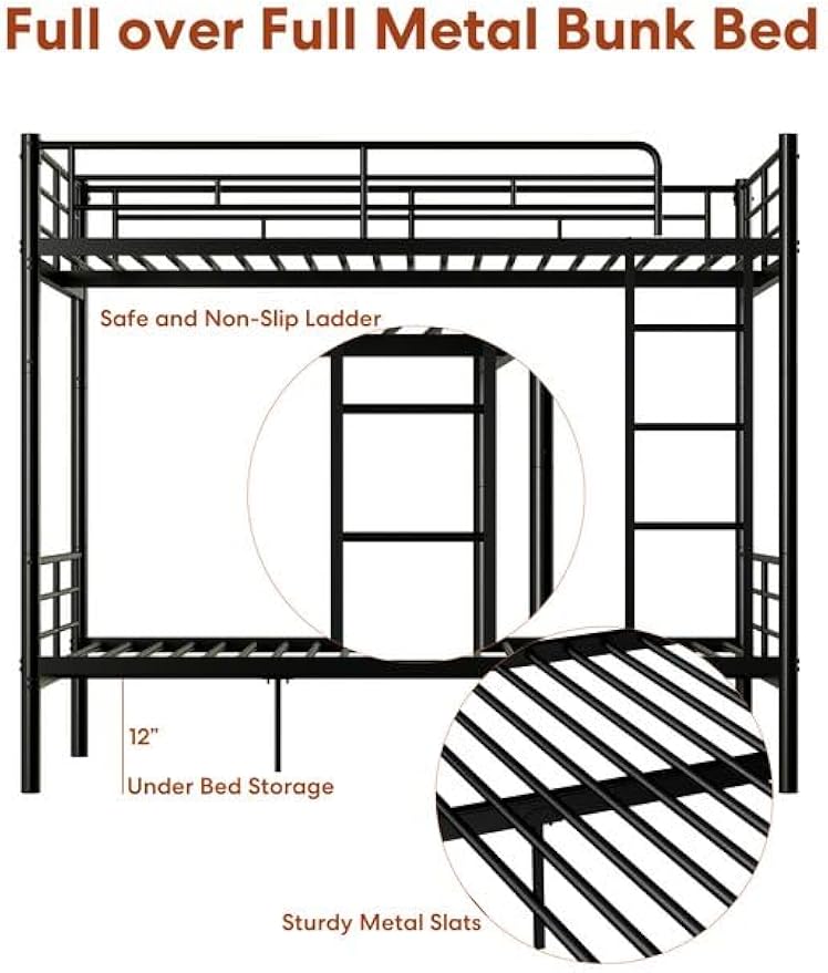 Full Over Full Metal Bunk Bed for Kids, Convertible into 2 Separate Full Beds, Heavy Duty Bunk Bed Frame with High Guardrail and Built-in Ladder, No Box Spring Needed, Noise Free, Black