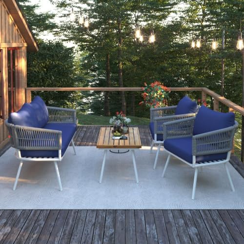 Outdoor Furniture Set of 6,Wicker Chairs, Rattan Patio Conversation Cool Bar Table and Ice Bucket for Backyard Porch Balcony, sectional Set, Beige+Black