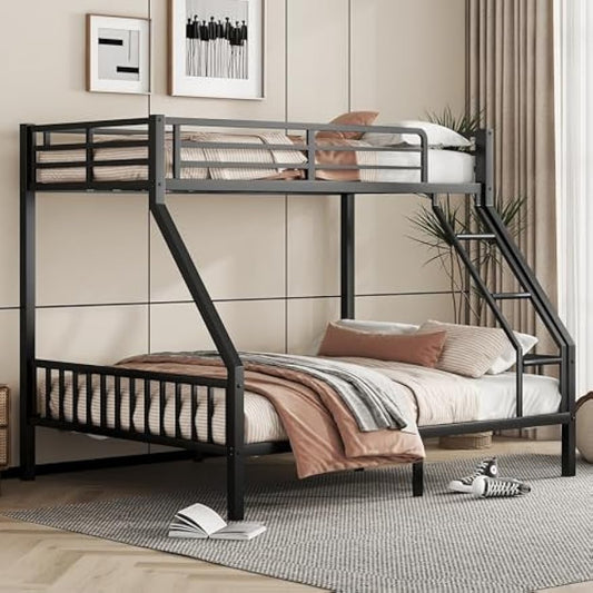 Twin XL Over Queen Bunk Bed, Heavy Duty Bunk Bed with PVC Rubber Cover Ladder and Full-Length Guardrails, Metal Queen Bed Frame with Slats Support for Adults, Teens, Kids, Black