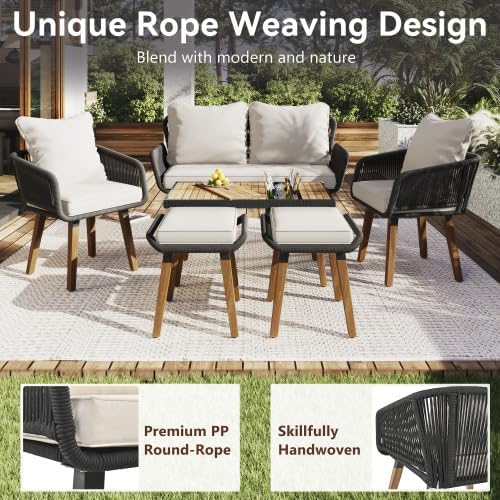 Outdoor Furniture Set of 6,Wicker Chairs, Rattan Patio Conversation Cool Bar Table and Ice Bucket for Backyard Porch Balcony, sectional Set, Beige+Black