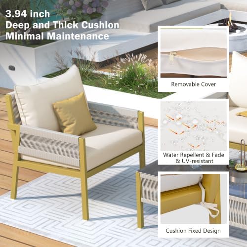 Furniture, Outdoor Chairs with Tempered Glass Table, Patio Conversation Set Deep Seating with Thick Cushion for Backyard Porch Balcony, OneSize, Beige&Mustard Yellow