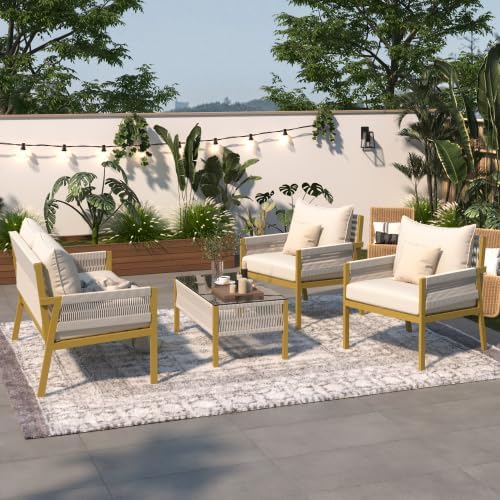 Furniture, Outdoor Chairs with Tempered Glass Table, Patio Conversation Set Deep Seating with Thick Cushion for Backyard Porch Balcony, OneSize, Beige&Mustard Yellow