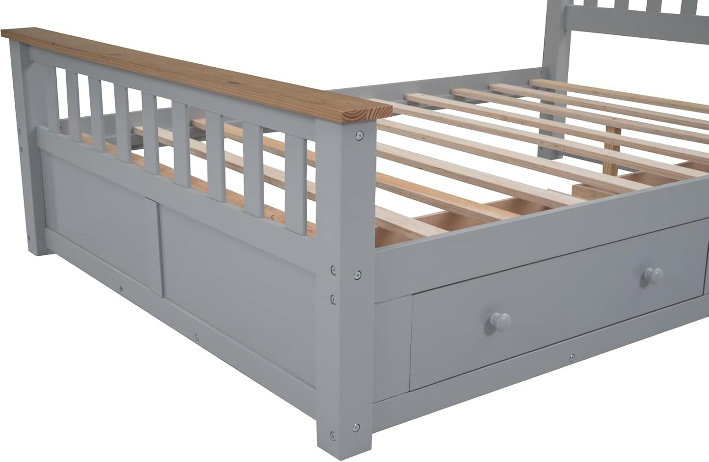 Full Size Wood Platform Bed with Two Drawers and Wooden Slat Support, White+Walnut