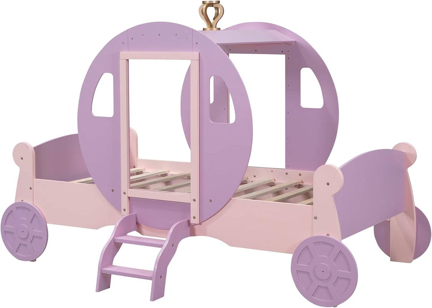 Princess Carriage Bed Frame with Crown, Twin Size Wood Platform Car Bed with Stair, Purple+Pink - Ideal Child's Bed