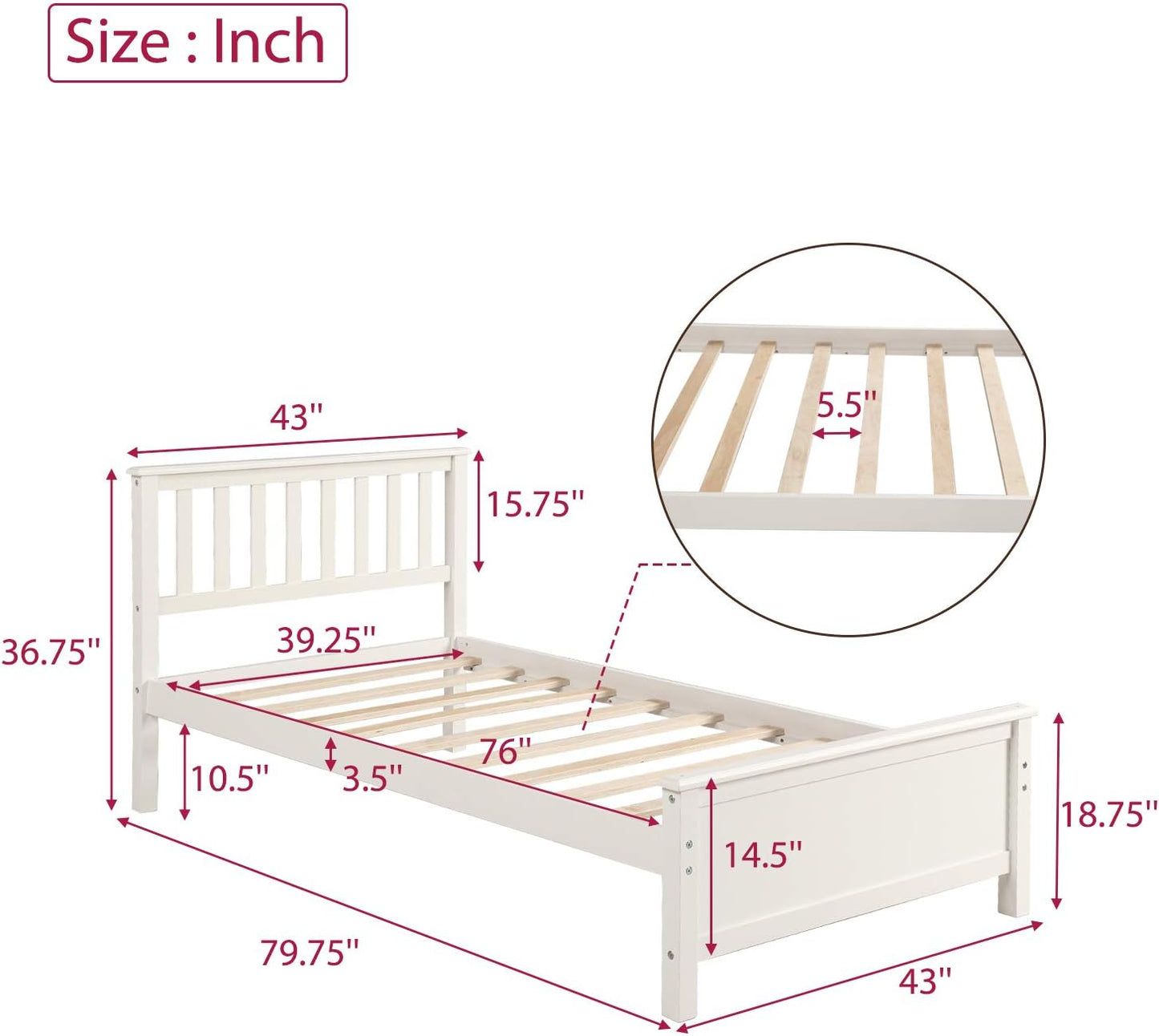 Classic Twin Size Wood Platform Bed with Headboard, Footboard, and Strong Wood Slat Support - Elegant Pink Design, 80”L X 42”W X 43”H