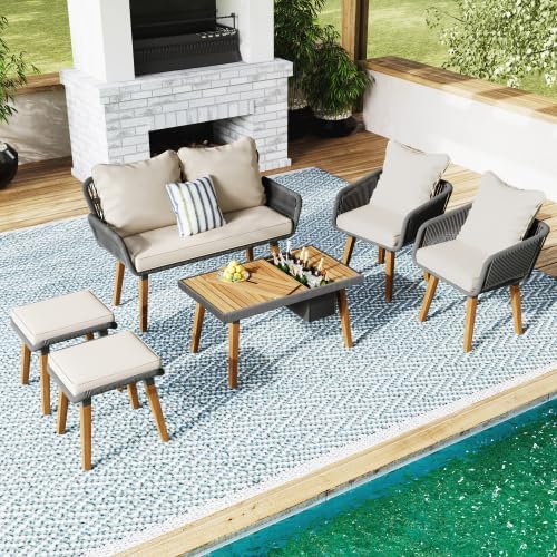 Outdoor Furniture Set of 6,Wicker Chairs, Rattan Patio Conversation Cool Bar Table and Ice Bucket for Backyard Porch Balcony, sectional Set, Beige+Black