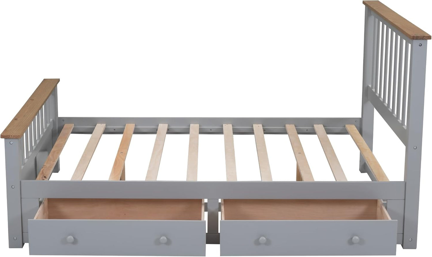 Full Size Wood Platform Bed with Two Drawers and Wooden Slat Support, White+Walnut