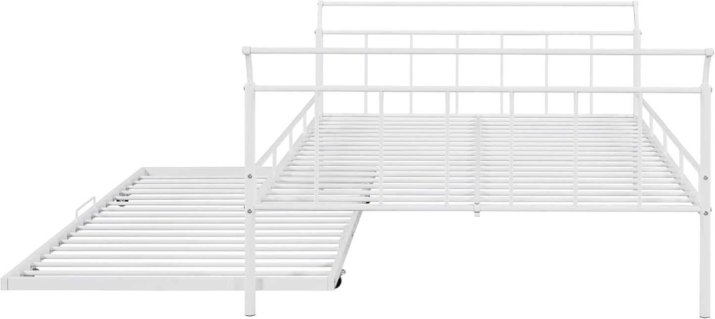 Full Size Metal Daybed - White, Elegant Curved Handle Design, Includes Convenient Pull-Out Twin Trundle