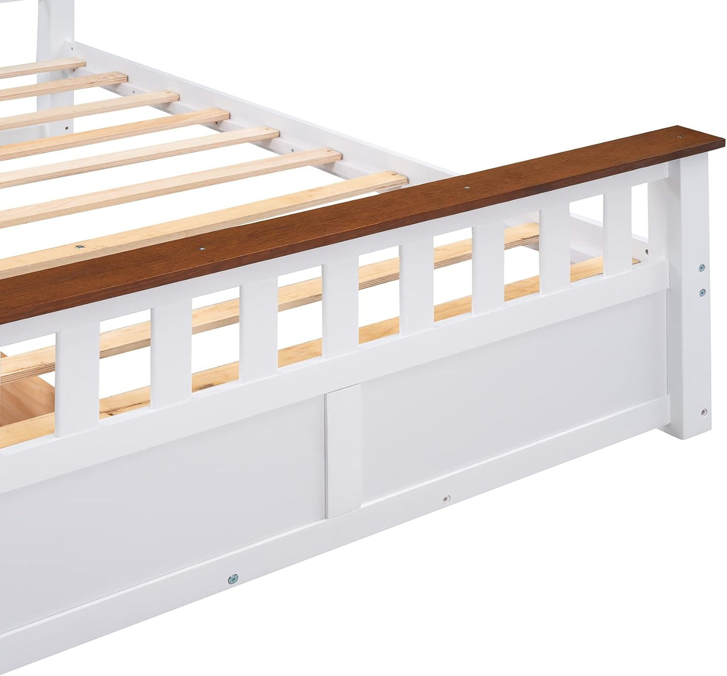 Full Size Wood Platform Bed with Two Drawers and Wooden Slat Support, White+Walnut