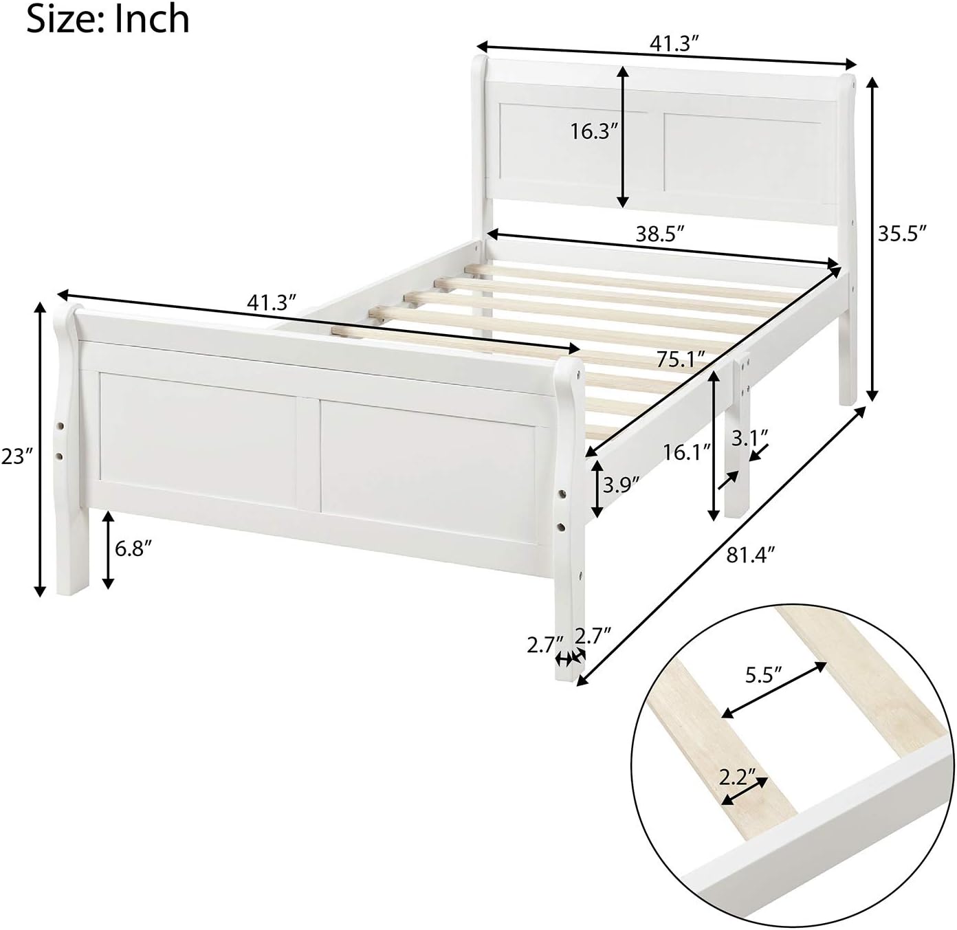 Twin Size Wood Platform Bed with Headboard and Footboard, 100% Pine Wood Frame, Strong Slat Support - Espresso, 80.2”L X 42.9”W X 36.2”H