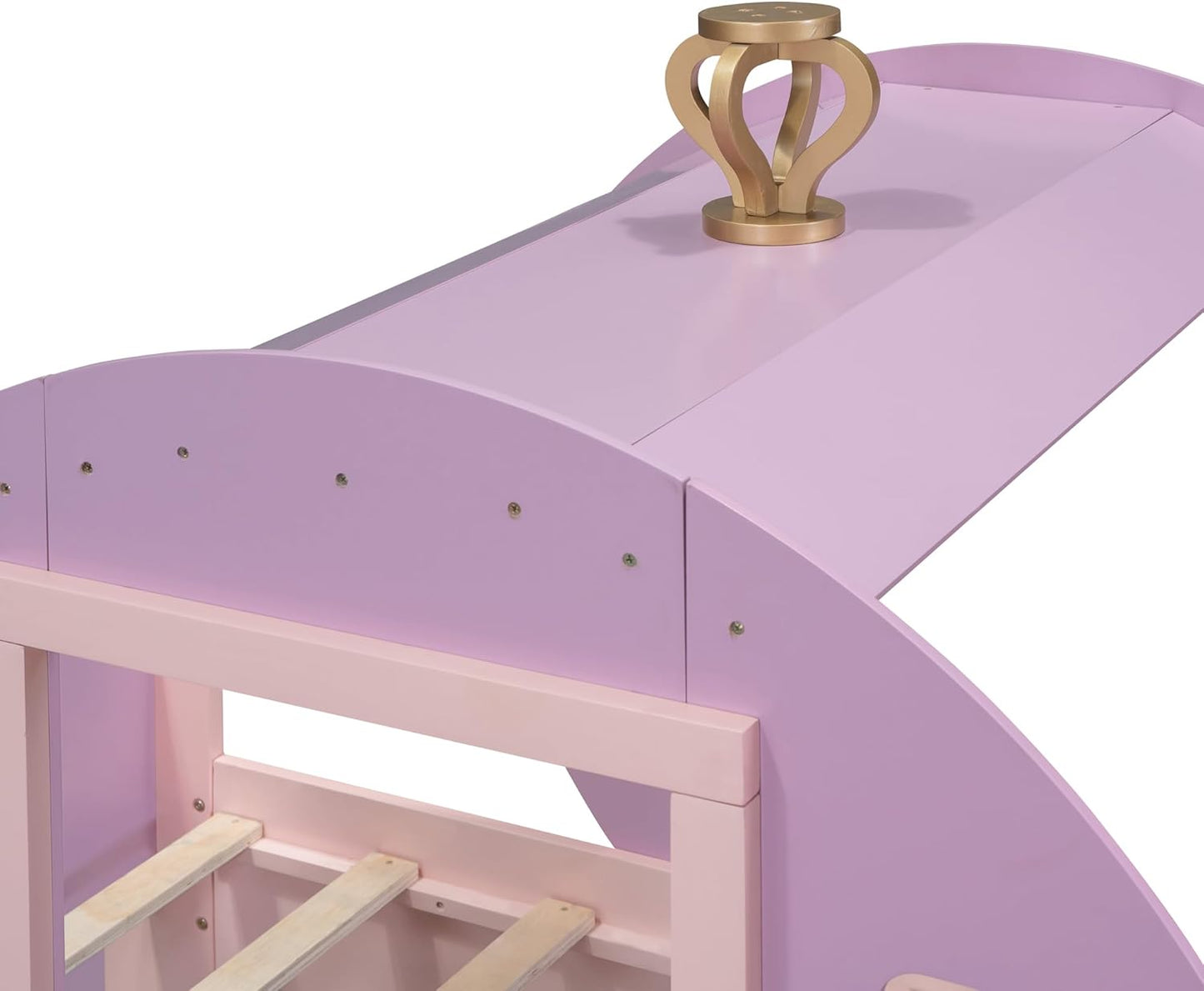 Princess Carriage Bed Frame with Crown, Twin Size Wood Platform Car Bed with Stair, Purple+Pink - Ideal Child's Bed