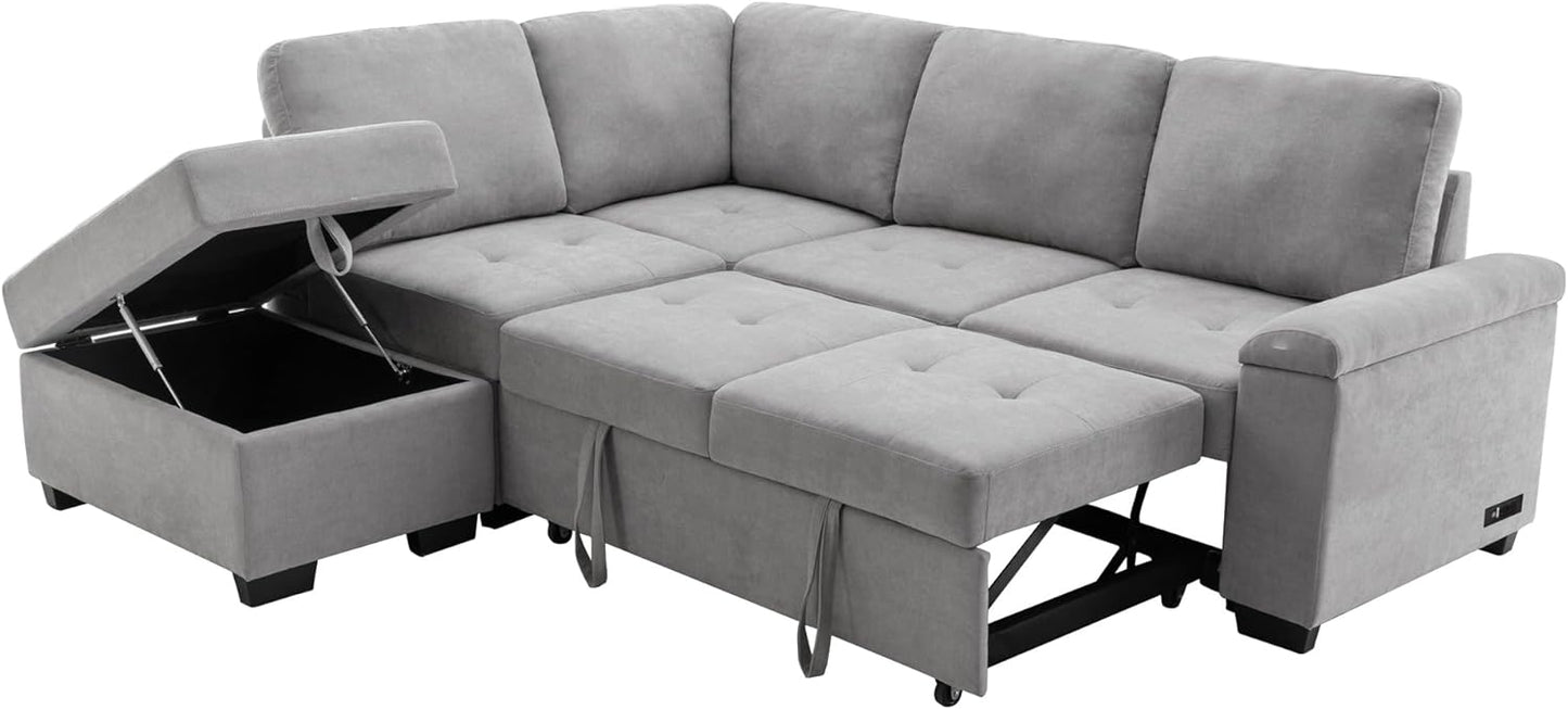 Sleeper Sectional L-Shape Corner Couch Sofa-Bed, Ottoman, Hidden Arm Storage, and USB Charge-Gray: Ideal for Your Living Room or Apartment, Grey