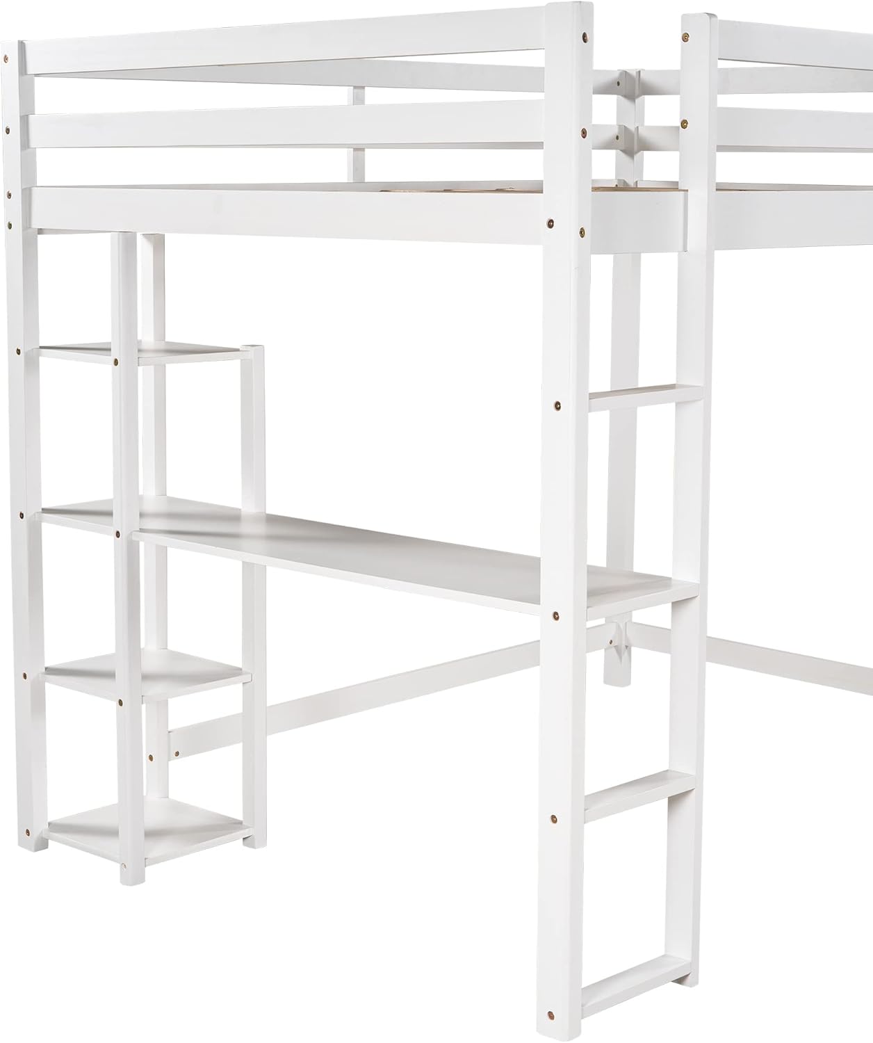 White Full-Size Loft Bed with Integrated Desk and Shelving Units, Space-Saving Design for Home and Dorm Use