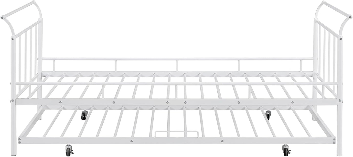 Full Size Metal Daybed - White, Elegant Curved Handle Design, Includes Convenient Pull-Out Twin Trundle