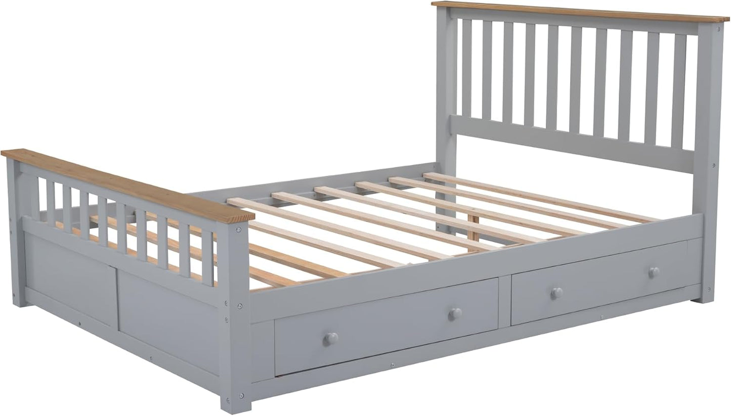 Full Size Wood Platform Bed with Two Drawers and Wooden Slat Support, White+Walnut