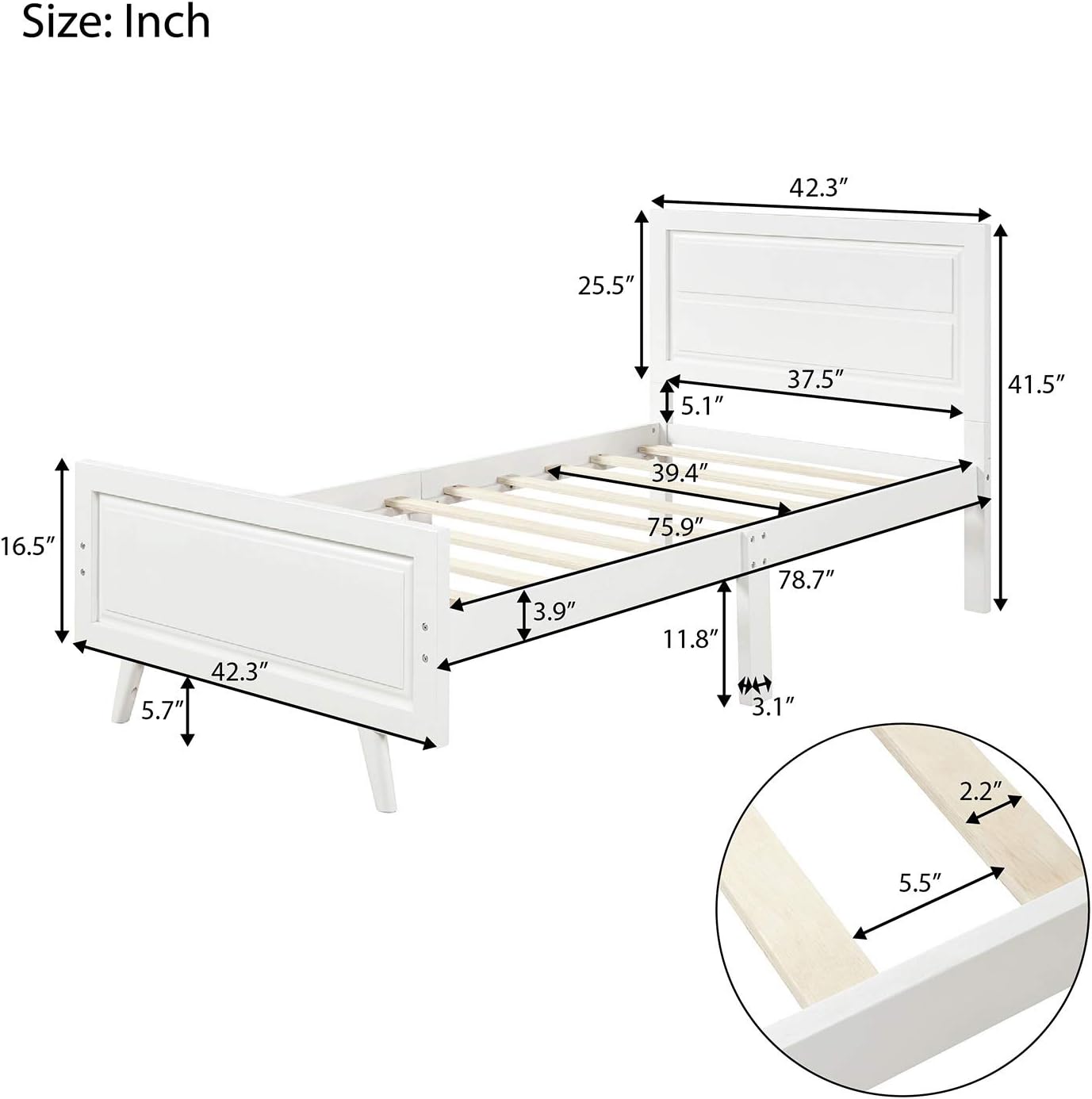 Twin Size Wood Platform Bed with Headboard and Footboard, 100% Pine Wood Frame, Strong Slat Support - Espresso, 80.2”L X 42.9”W X 36.2”H