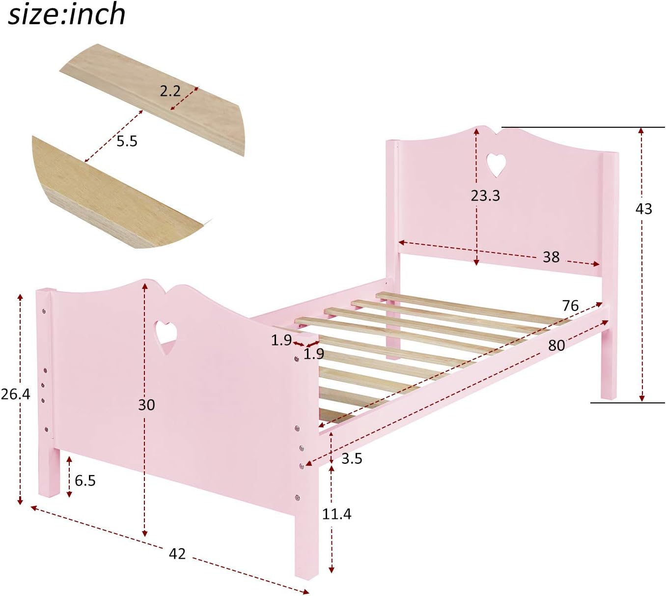 Classic Twin Size Wood Platform Bed with Headboard, Footboard, and Strong Wood Slat Support - Elegant Pink Design, 80”L X 42”W X 43”H